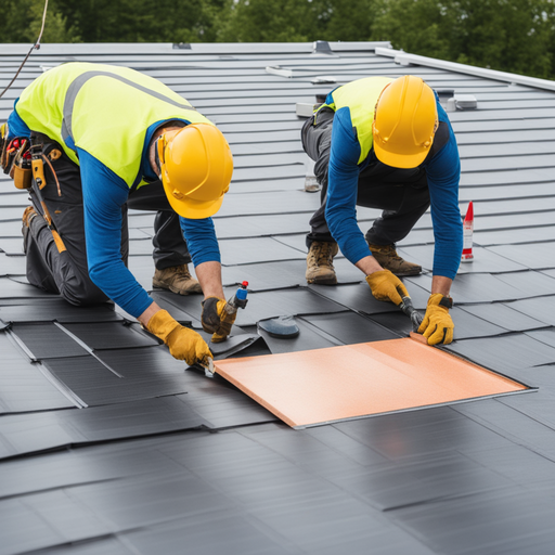 roofers working on a flat roof 556381426